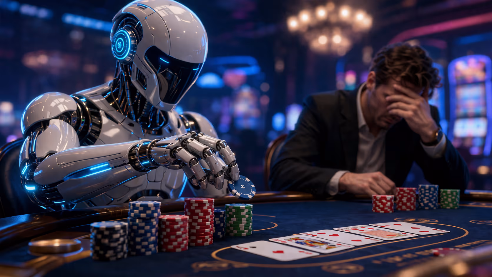 Futuristic AI playing iLUCKi slots against emotional human player